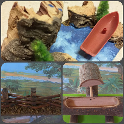 Fontana staccionata legno miniature bambole ambientazione Presepe