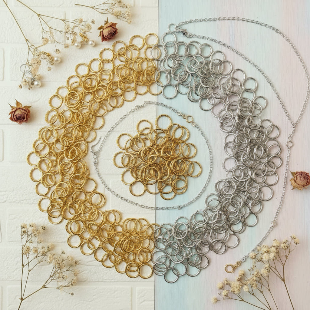 Vetrina negozio on-line anellini 5 e 8 mm per creazioni di gioielleria bijoux di bigiotteria gioielli orecchini collane bracciali portachiavi colore oro argento