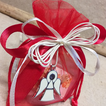 rosso Comunione e Cresima confezione confetti angeli ciondoli metallo bomboniere maschietti e bimbe sacchetto confezionato bigliettino charms angioletto stilizzato