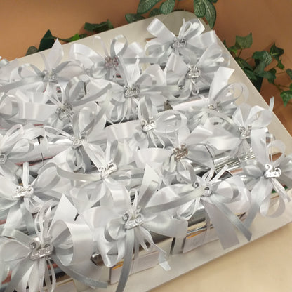 confettata segnaposto bianco argento 25° anniversario nozze cofanetti scrigno forziere astuccio scatoline portaconfetti matrimonio simbolo argentato 25 anni, 5 confetti e bigliettino