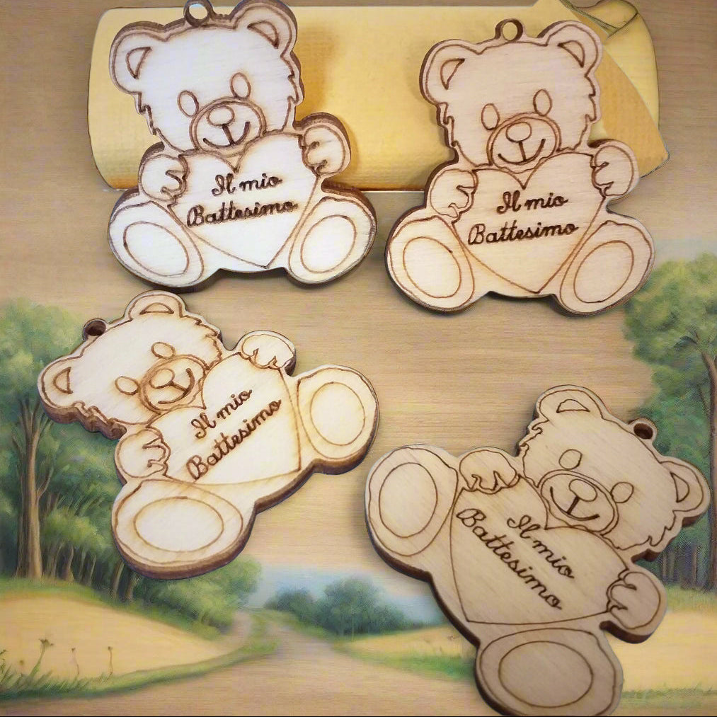 Orsacchiotto battesimo decorazioni legno applicazioni bomboniere fai da te medaglie souvenir ricordini religiosi articoli sacri legnetti piastrine