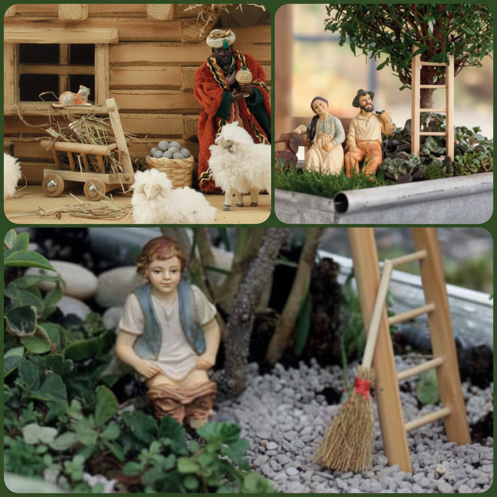 scenografie ambientazioni idee Arredi Presepe accessori miniature mini giardino scala carro legno