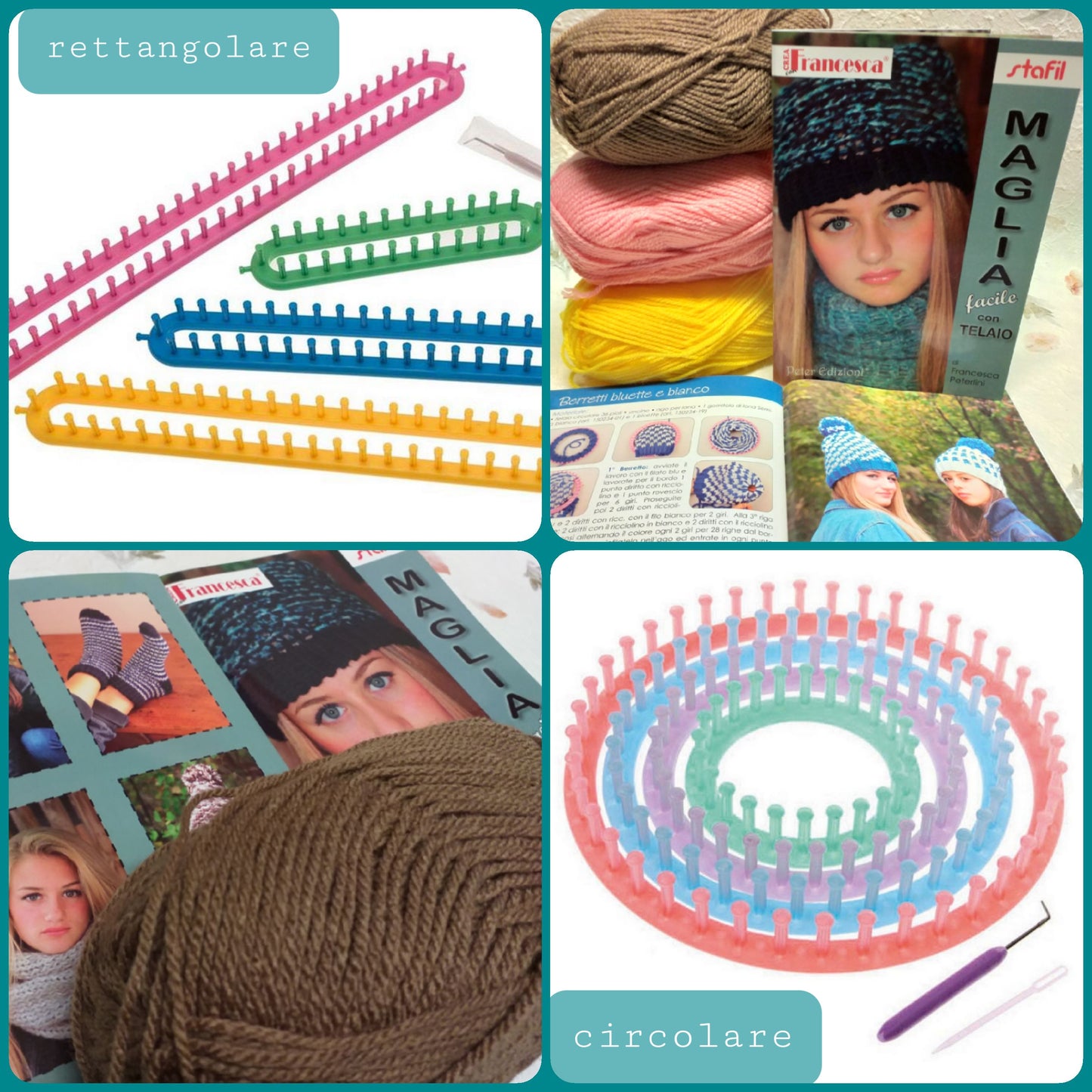 attrezzo maglia tubolare telaio rettangolare circolare kit creativo con lana 3 gomitoli e libro istruzioni maglieria facile creare stafil