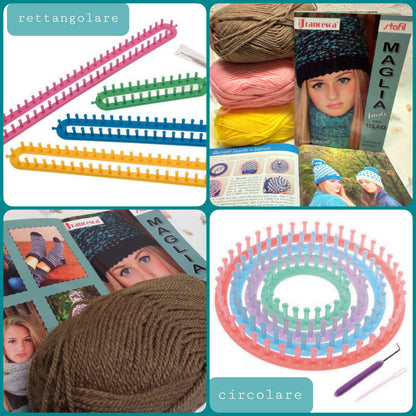 attrezzo maglia tubolare telaio rettangolare circolare kit creativo con lana 3 gomitoli e libro istruzioni maglieria facile creare stafil