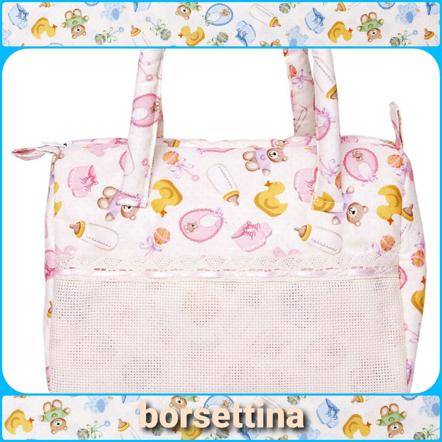 Borsettina porta oggettistica bambini e bambine da ricamare a punto croce articoli tessili prima infanzia biancheria cameretta e cambio pannolino
