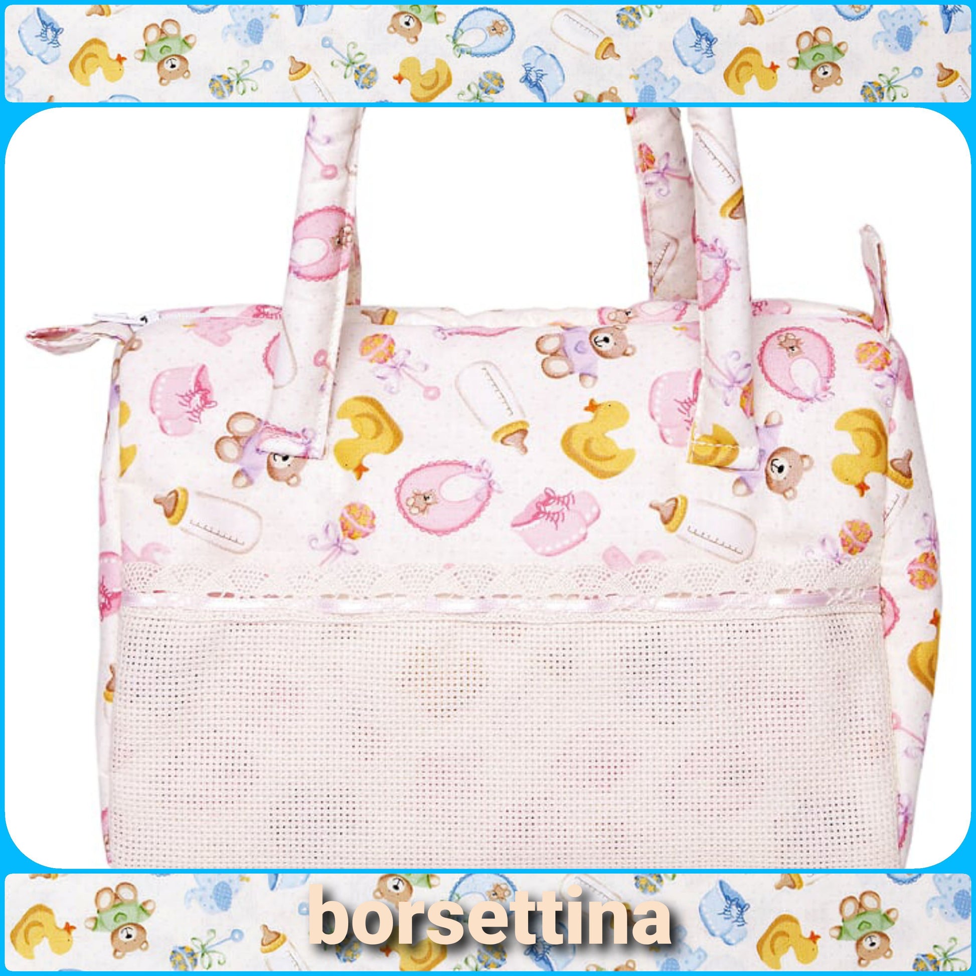 Borsettina porta oggettistica bambini e bambine da ricamare a punto croce articoli tessili prima infanzia biancheria cameretta e cambio pannolino
