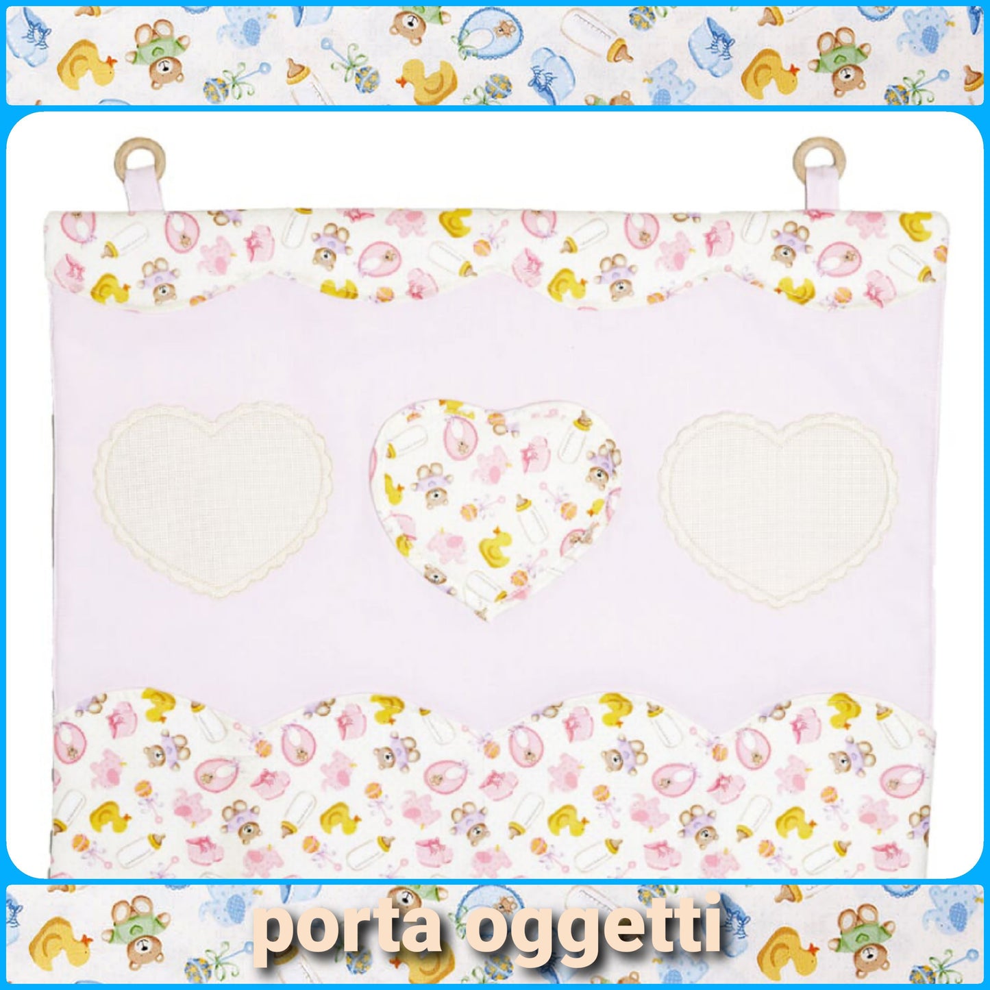 Portaoggetti articoli ricamo punto croce bambini bambine con tela Aida corredino cameretta prima infanzia biancheria