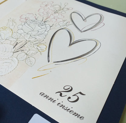 rose cuori 25 anni insieme biglietti nozze d'argento invito partecipazioni matrimonio