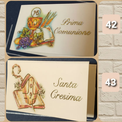 simboli e scritta negozio bigliettini bomboniere e confetti per Prima Comunione Santa Cresima Calice Mitria spighe uva pastorale Vangelo