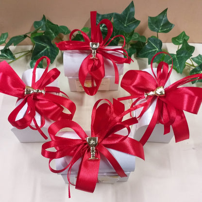 confettata bianco rosso calice Prima Comunione cofanetti scrigno forziere astuccio scatoline portaconfetti simbolo dorato, 5 confetti e bigliettino bomboniere