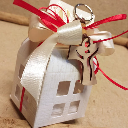 bianco rosso bomboniera Comunione Cresima portachiavi Croce legno Tau francescana cordino perline confezionata confetti lanterna cartoncino scatolina bigliettino personalizzato Santo Giorno con simboli