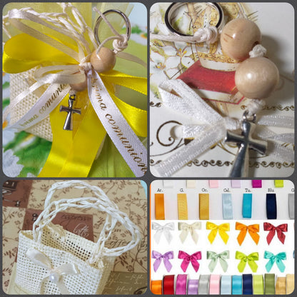 kit fai da te Bomboniere Comunione Cresima Croce portachiavi confezioni sacchetti juta di rafia sportine shopper borsette colori