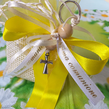 Bomboniere Comunione Cresima Croce portachiavi confezioni sacchetti juta di rafia sportine shopper borsetta e giallo