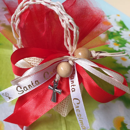 Bomboniere Comunione Cresima Croce portachiavi confezioni sacchetti juta di rafia sportine shopper borsetta e rosso