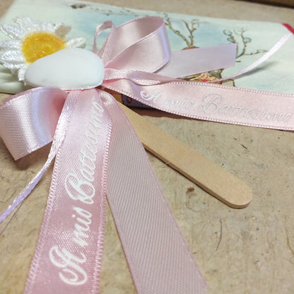 nastro rosa stampato offerta bomboniere 1 euro segnalibro su stecco gelato gessetto cuore margherita per nascita bimbe femminucce babyshower battesimo