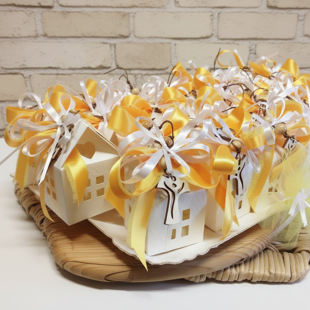 scatoline confettata bomboniere Croce Tau casetta portachiavi legno colori comunione cresima nastri fiocchetti giallo bianco confezionate confetti bigliettino tulle