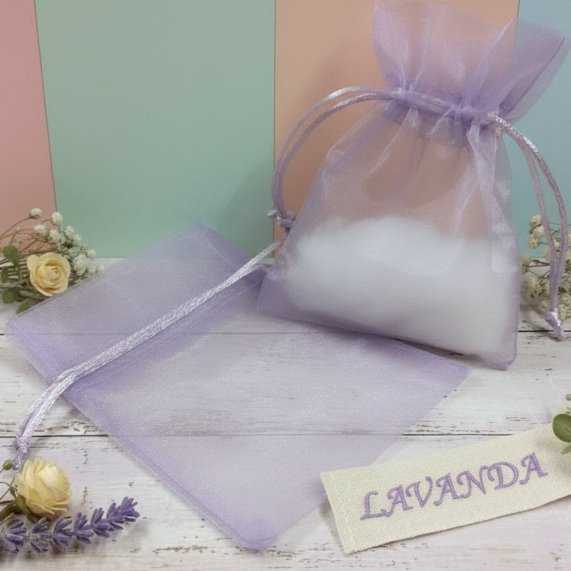Colore lilla lavanda bustine organza sacchettini porta confetti porta lavanda porta petali fiori profumati uso confezionamento confetti bomboniere packaging regalini