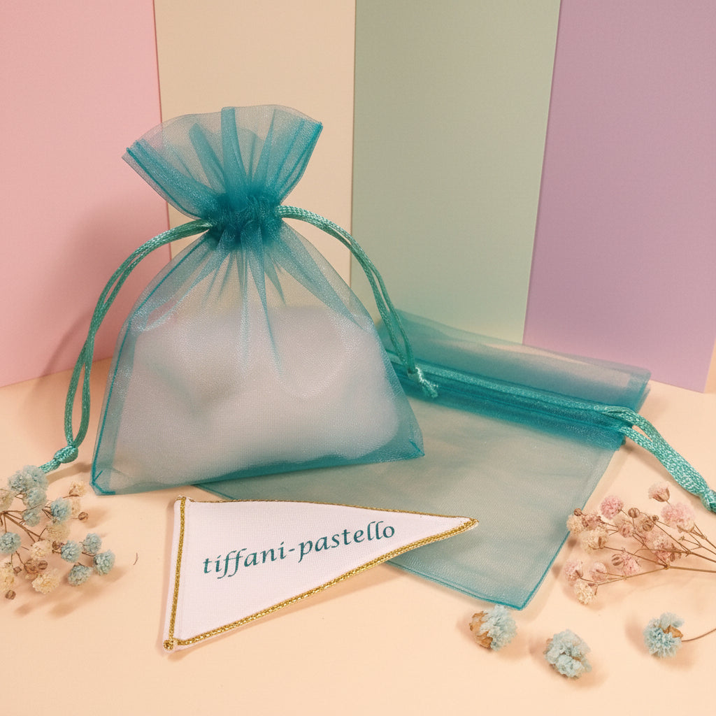 Colore blu tiffani-pastello verde bustine organza sacchettini porta confetti porta lavanda porta petali fiori profumati uso confezionamento confetti bomboniere packaging regalini