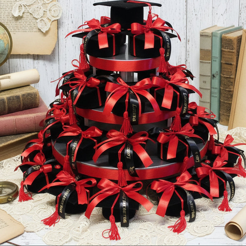 confettata con tocco di velluto nero scatola forma cappello laurea bomboniera confezionata confetti bigliettino nastro stampato con scritta nappina frange coccinella portafortuna coccarda rossa