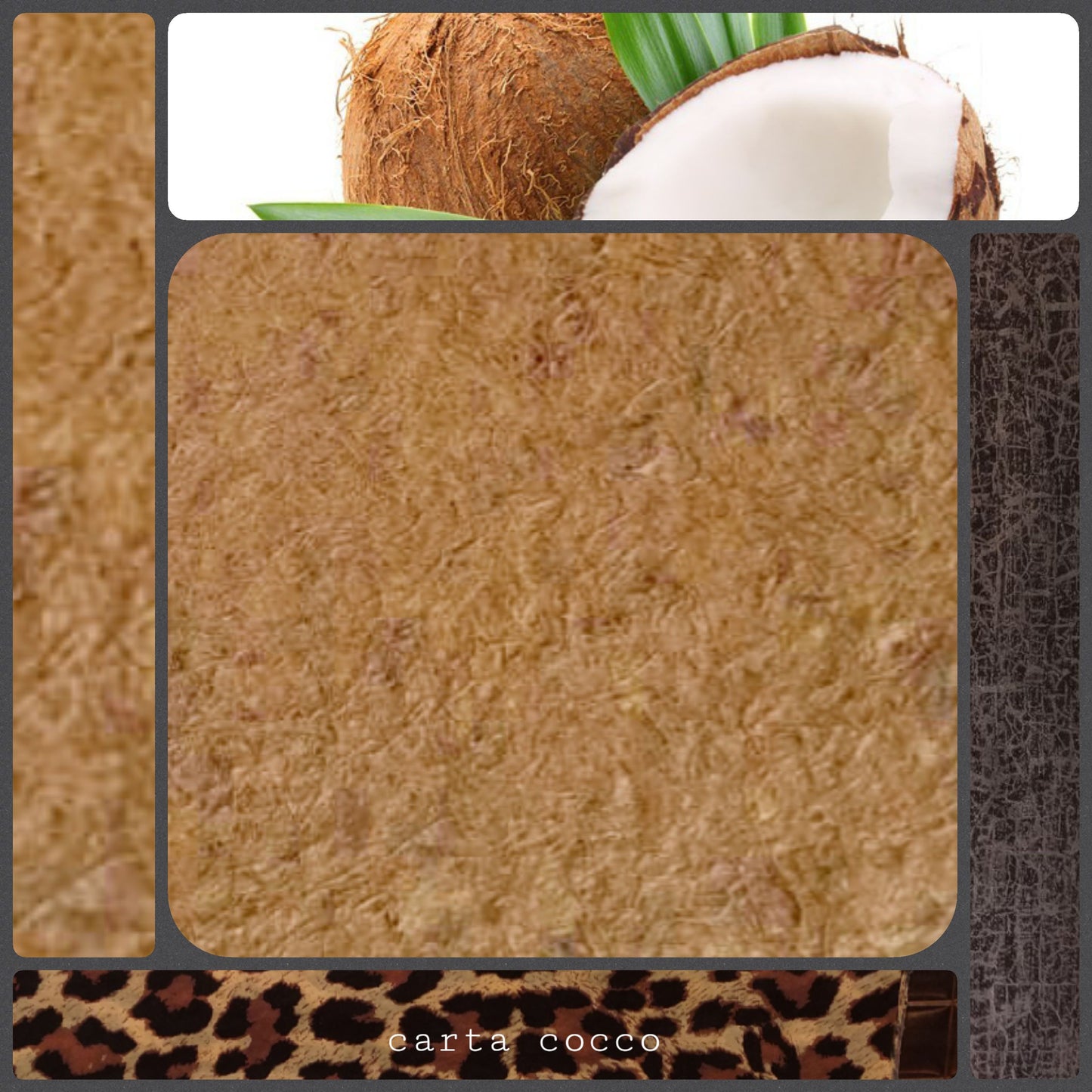 Carta cocco fatta a mano inserti fibre tropicali uso packaging confezionamento regali bomboniere legatoria scrapbooking