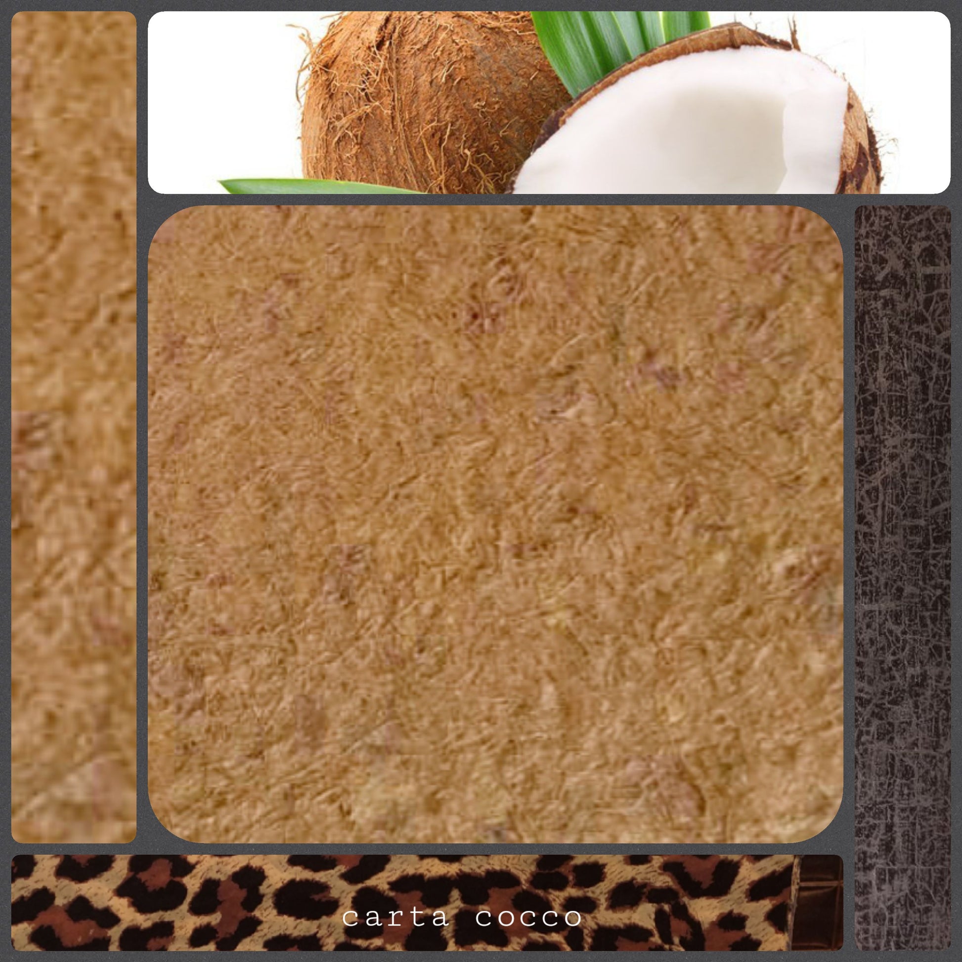Carta cocco fatta a mano inserti fibre tropicali uso packaging confezionamento regali bomboniere legatoria scrapbooking