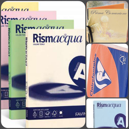risma colori tenui idea biglietto da stampare con carta colorata A4 fogli cartoncino inviti tableau matrimonio libretti messa
