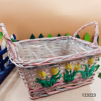 cestino rettangolare rosa fiori tulipani gialli per decorazioni confezioni regalo fai da te Pasquali ovetti di cioccolato packaging enogastronomia