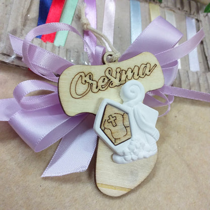lilla lavanda glicine Tau legno Croce con applicazione simboli gesso Mitria pastorale vescovo giglio originali segnaposto Santa Cresima scritta e coccarda fiocco nastro