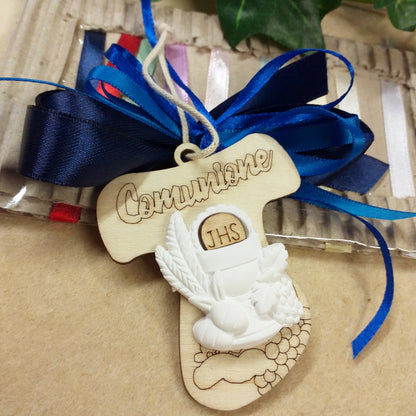blu e Tau legno Croce con applicazione simboli gesso calice spighe uva pane originali segnaposto Prima Comunione scritta e coccarda fiocco nastro