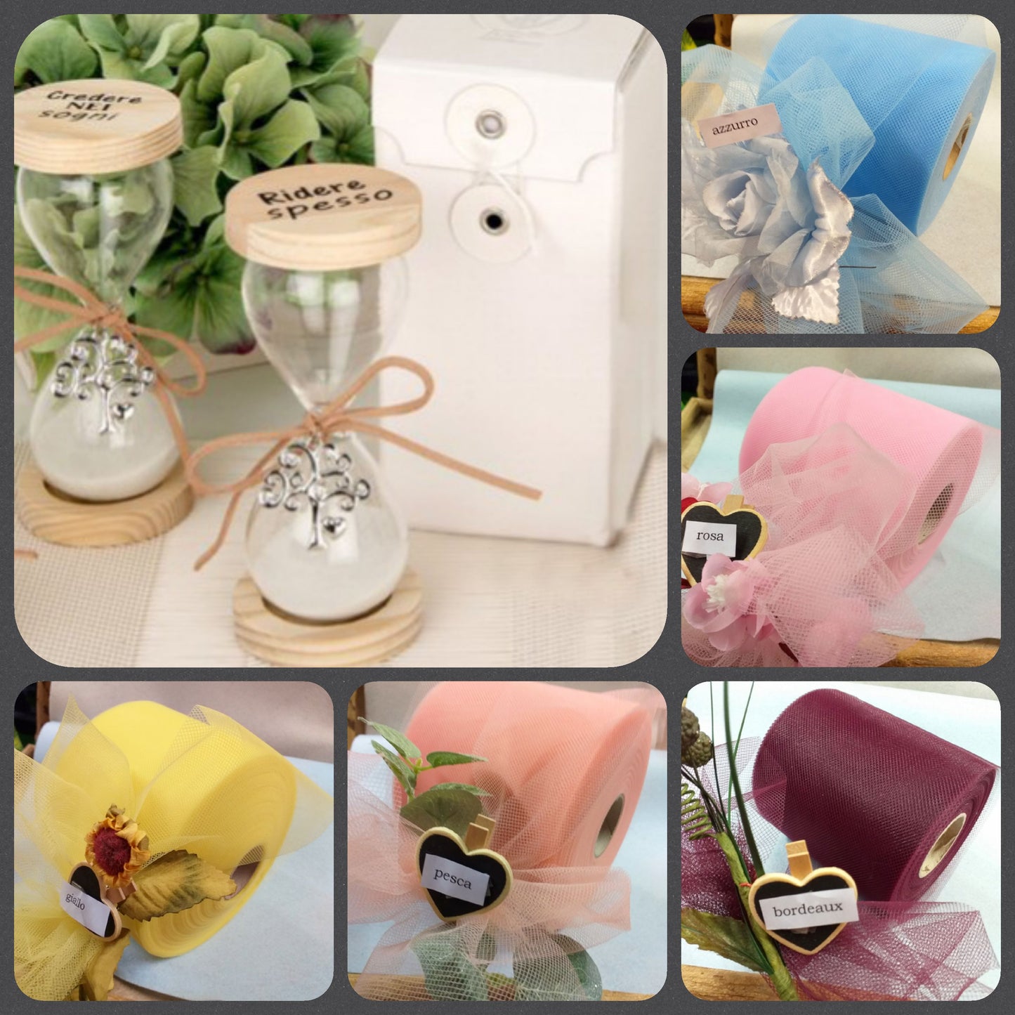 oggettistica da regalo e bomboniera colori confezionamento confetti clessidra vetro legno frasi stampate con scatola scelta tulle packaging