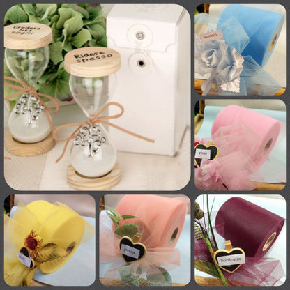 oggettistica da regalo e bomboniera colori confezionamento confetti clessidra vetro legno frasi stampate con scatola scelta tulle packaging