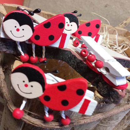 clip legno bianche coccinelle rosse pinzette portabigliettini chiudipacco mollette segnaposto bomboniere fai da te decorative pinze legno uso packaging confezionamento hobbistica