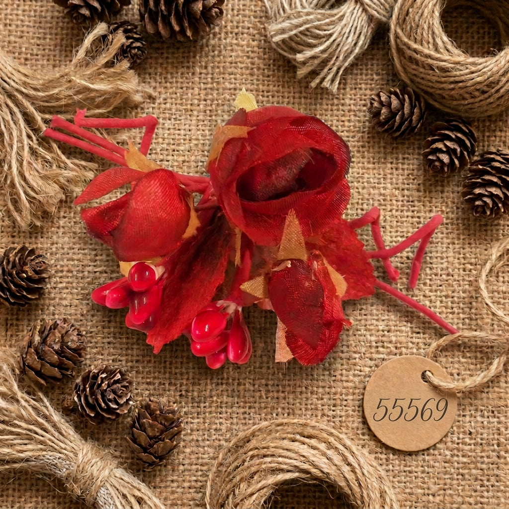 composizioni fiori miste artificiali bouquet rossi rose foglie riccioli uso decorazioni pasquali bomboniere laurea e Natale addobbi fai da te chiudipacco regali packaging segnaposto