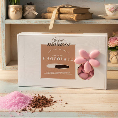 Maxtris Chocolate Confetti colorati rosa confetteria fai da te bomboniere bimba femminuccia nascita Battesimo linea artigianale anima cioccolato fondente sottile strato zucchero