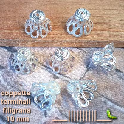 cappette filigrana argento 10 mm coppette terminali per chiusura collane bracciali di fettuccia e corde spago cordoncino