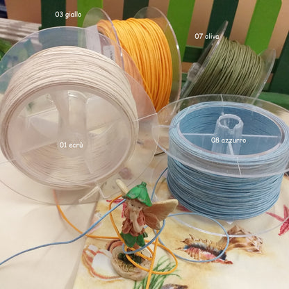 ecrù azzurro giallo verde oliva cordoncini cerati cordini 1 mm filati di corda in cotone uso per bigiotteria collane gioielleria bijoux gioielli uncinetto borse creazioni con ciondolo di hobbistica