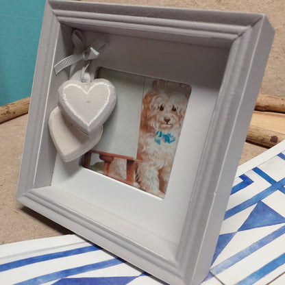 shabby grigio bianco portafoto in legno cuoricini fiocchetto bomboniere Battesimo cornici bimbi nascita babyshower bebè