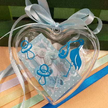 scatoline portaconfetti cicogna ciuccio cuori nascita Battesimo bimbo maschietto celeste azzurro bomboniere babyshower e allestimento confettata aprifesta confezionate confetti bigliettino principe