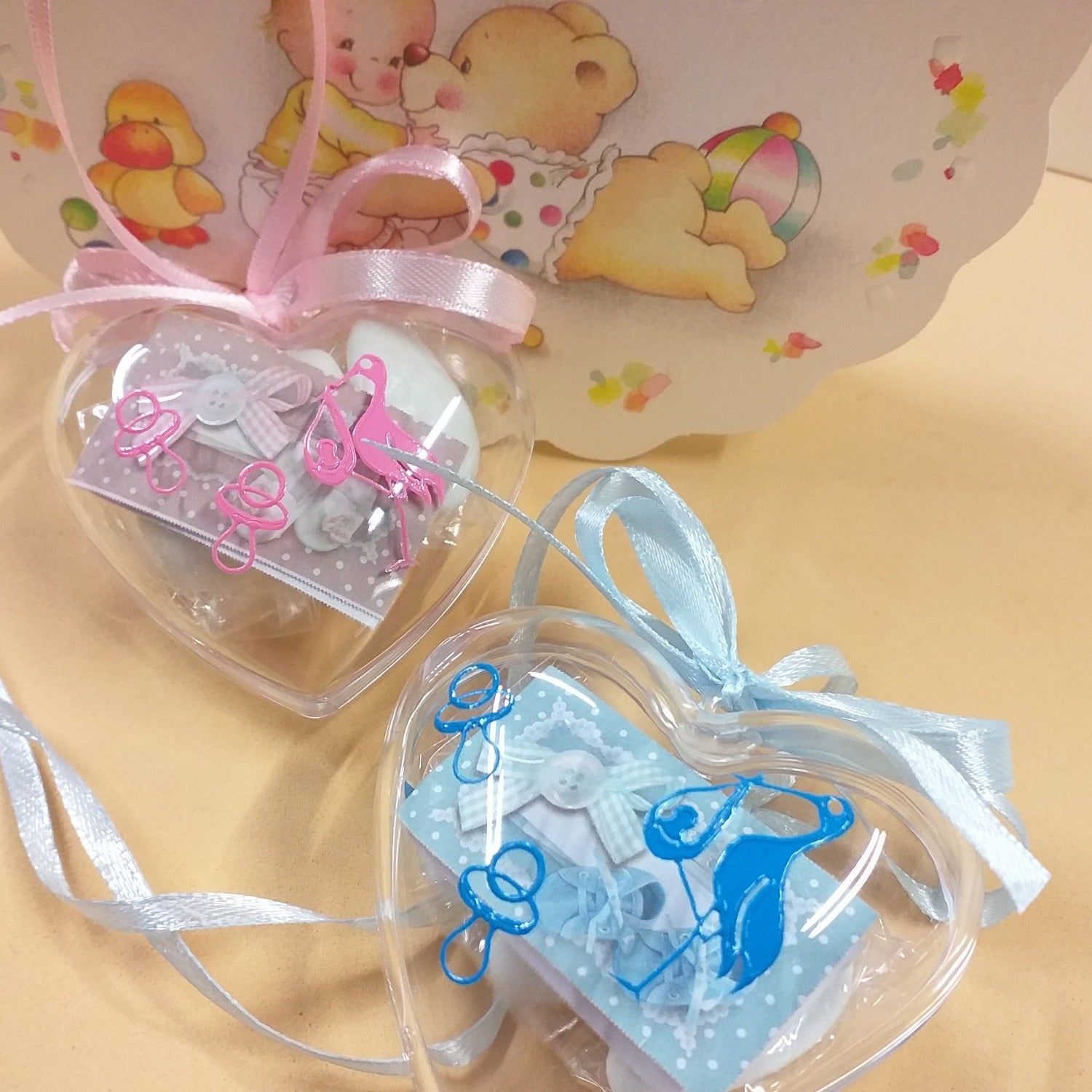 scatoline portaconfetti cicogna ciuccio cuori nascita Battesimo bimbo maschietto bimba femminuccia bomboniere babyshower e allestimento confettata aprifesta confezionate confetti bigliettino principe principessa