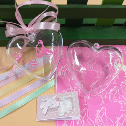 kit fai da te scatoline portaconfetti cicogna ciuccio cuori nascita Battesimo rosa e colori pastello bimba femminuccia bomboniere babyshower e allestimento confettata aprifesta da confezionare con bigliettino principessa