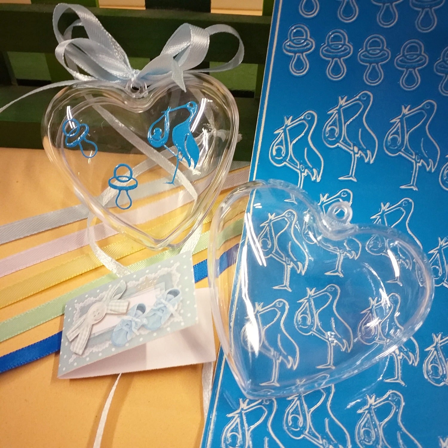 scatoline portaconfetti cicogna ciuccio cuori nascita Battesimo bimbo maschietto celeste azzurro bomboniere babyshower e allestimento confettata aprifesta da confezionare con bigliettino principe