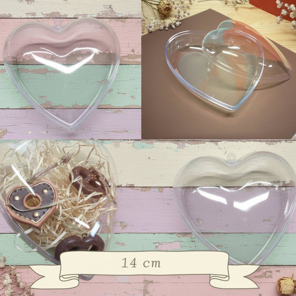 cuori plastica plexiglass trasparenti 14 cm apribili divisibili da appendere appoggiare uso confezioni cioccolatini biscotti enogastronomiche packaging confetti decorazioni decoupage
