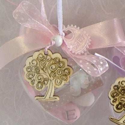 cuori per bomboniere battesimo bimba portachiavi albero della vita bavaglina letterina iniziale rosa cipria