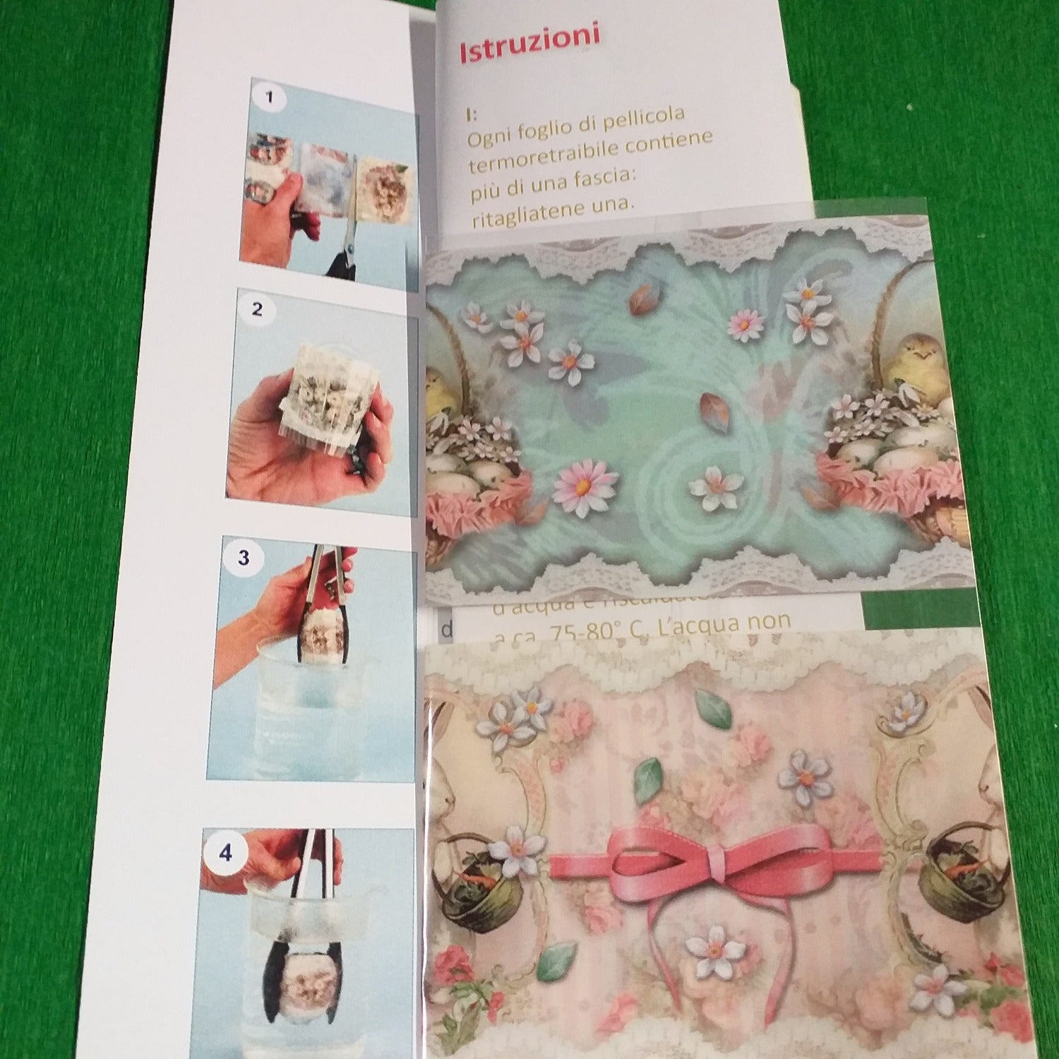 istruzioni kit tubolare pellicola termoretraibile termoformabile fascette découpage per uova disegni fiori uccellini pasquali