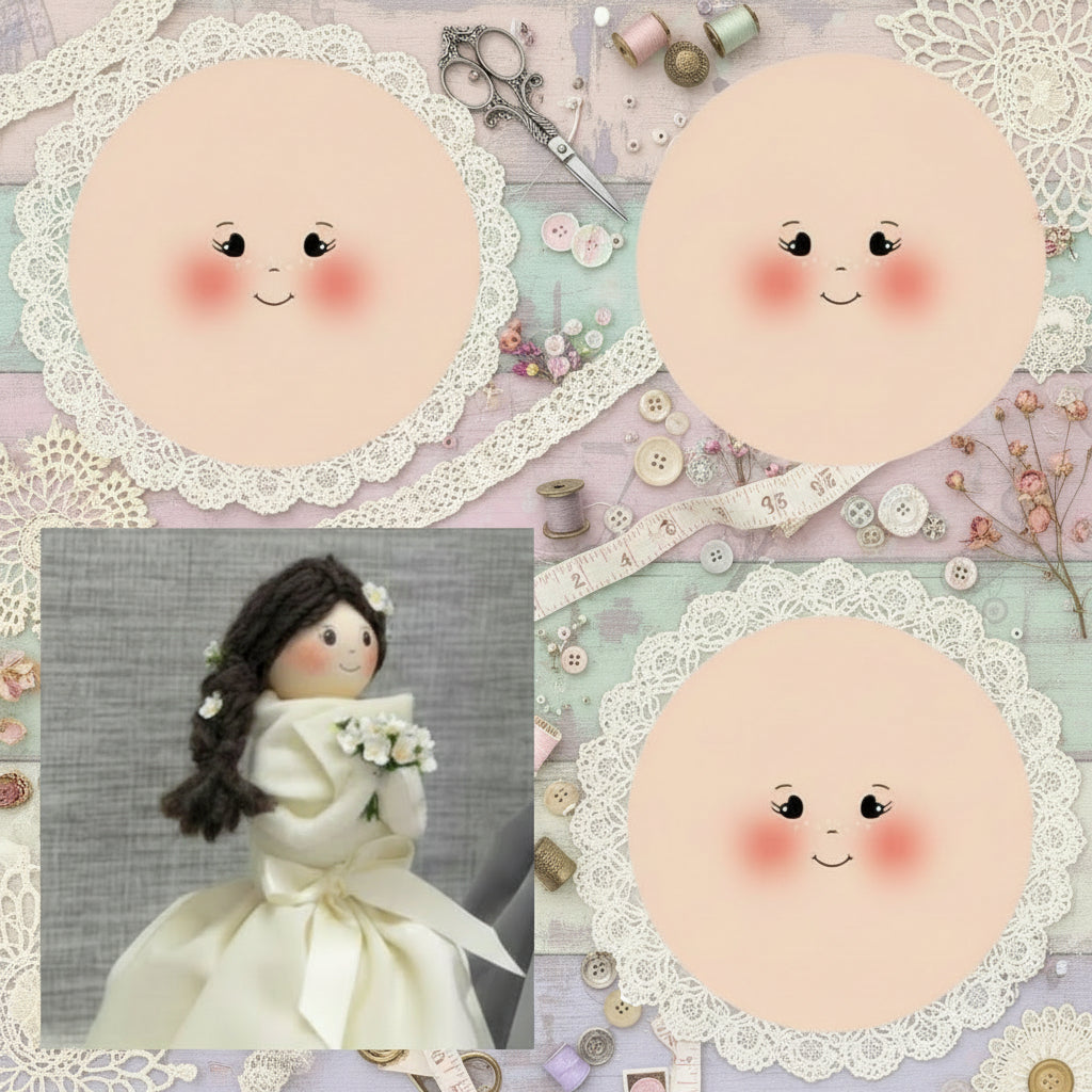 Mery bambola di stoffa Natale angelo di pezza con tessuto maglina faccine stampate 7.5 cm per visi 4 cm disegnate occhi cuoricini