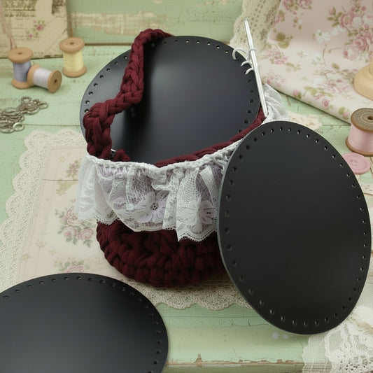 fondi ecopelle colore nero forati rotondi diametro 18 cm uso fai da te borse artigianali fettuccia uncinetto fatte a mano handmade accessori borsette spiaggia estive mare e cestini