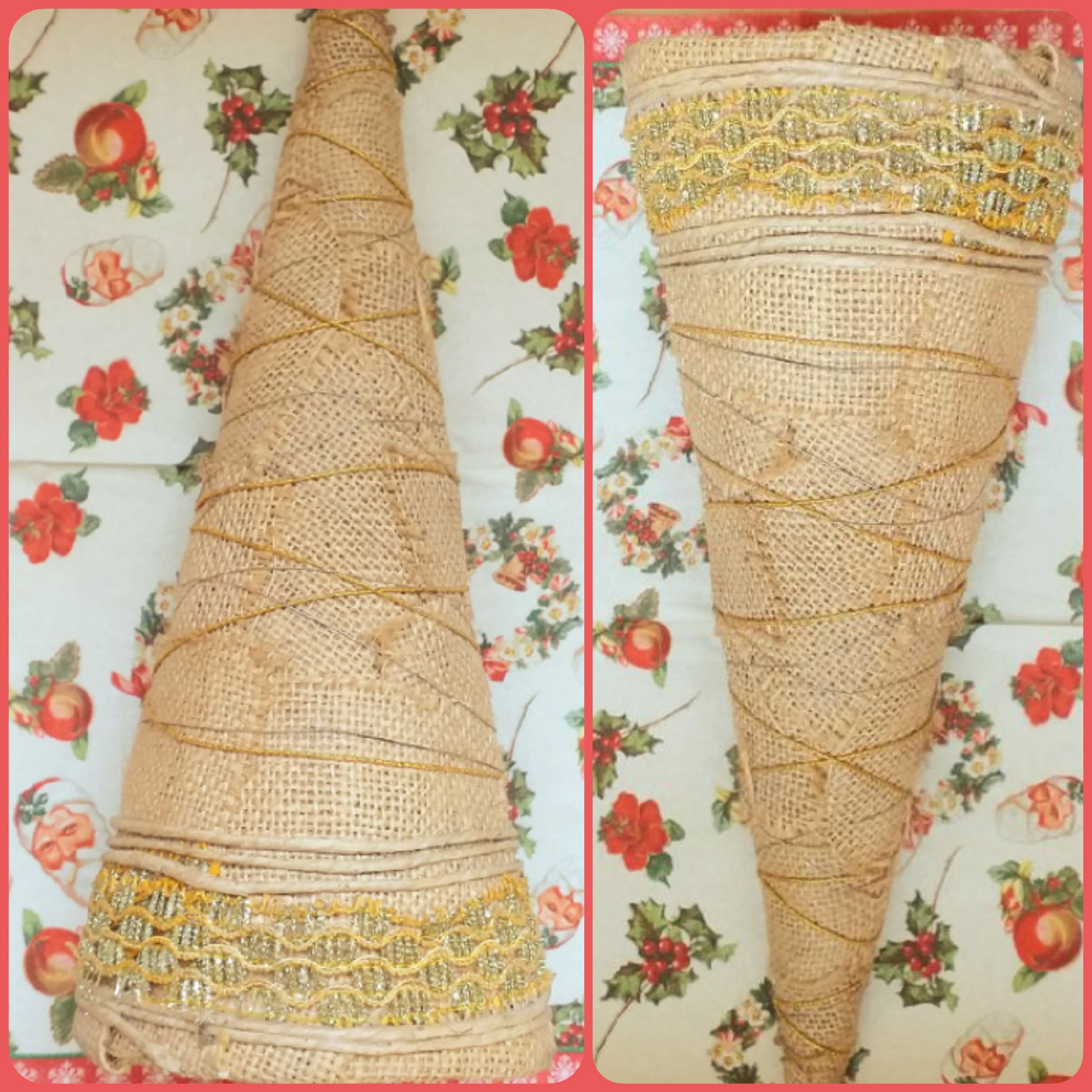 basi strutture da decorare biedermeier ghirlande fuoriporta fai da te Natale rustico forma cono cornucopia juta grezza e pizzo oro uso decorazioni addobbi natalizi vetrinistica composizioni centrotavola floreali