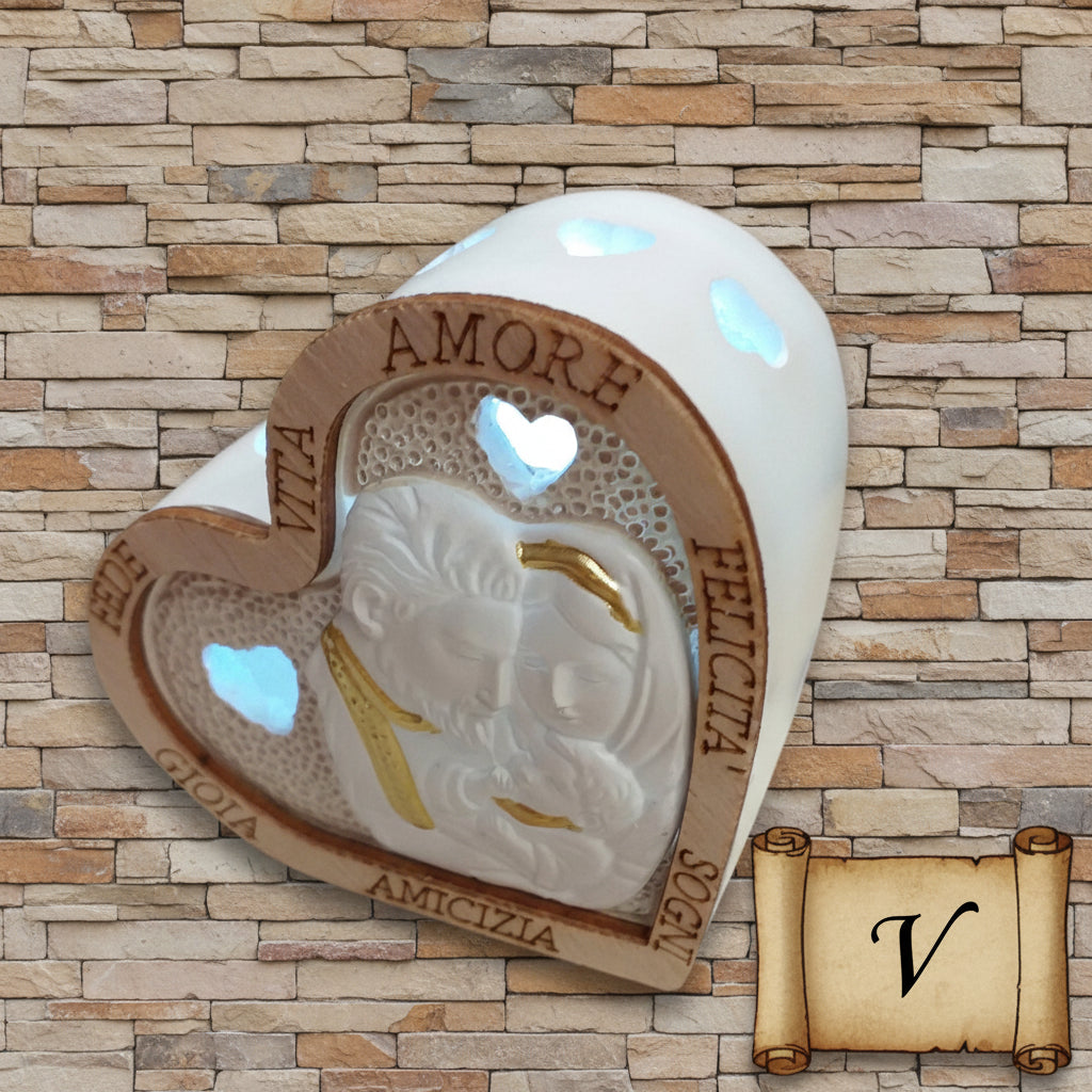 dettagli icone led cuore gesso legno pirografato frasi scritte fede vita amore felicità sogni gioia amicizia bomboniere sacra famiglia confezionate battesimo comunione cresima matrimonio