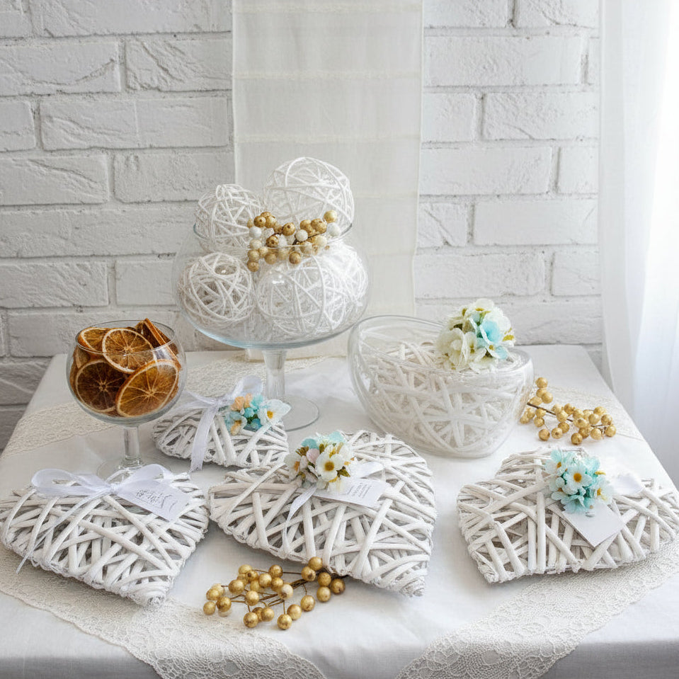 cuore vimini rattan viticcio midollino salice cuoricino da decorare appendere colore bianco sbiancato idee fiori frutta confezionare centrotavola composizioni floreali fuoriporta addobbi decorazioni santa cresima prima comunione