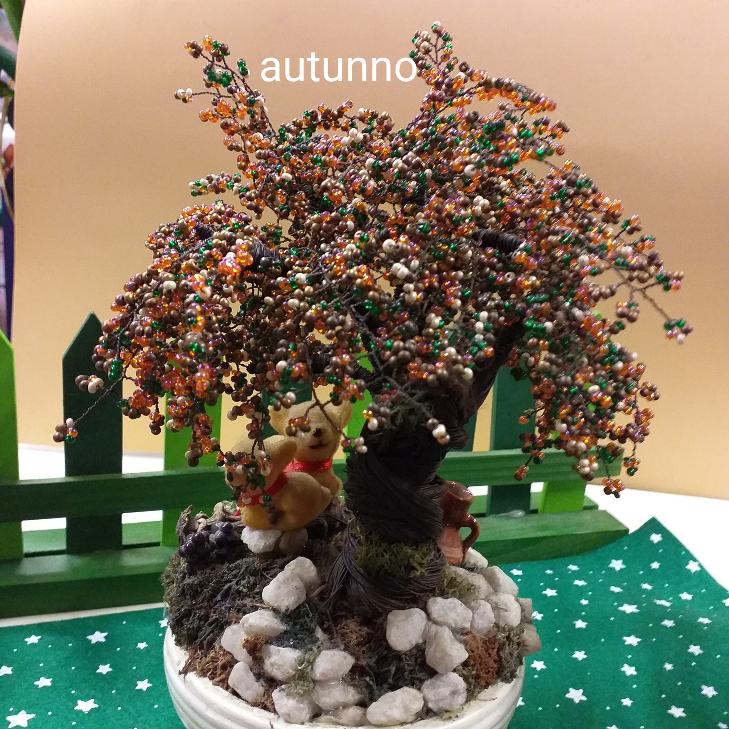 marrone arancio autunno idee regalo perline shop online bonsai piante perle alberello fatto a mano tronco brocca statuette scoiattoli ghiaia